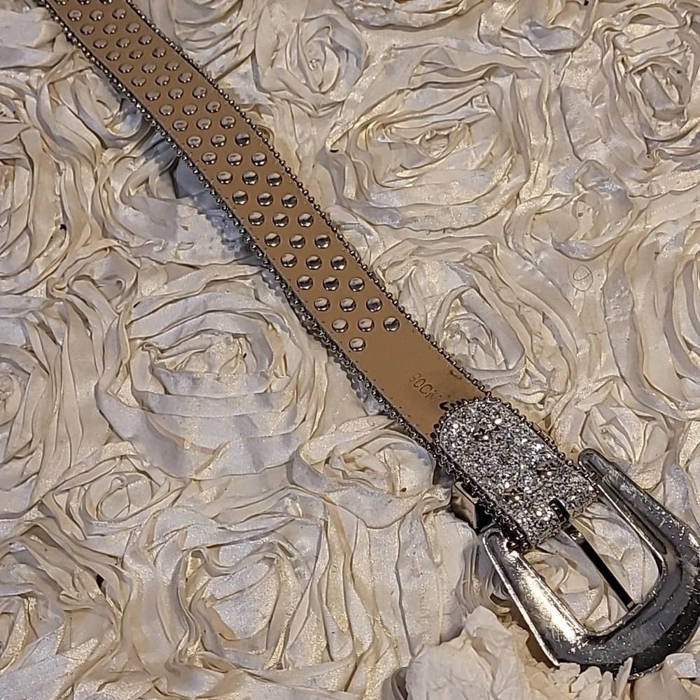 Rhinestone & Black Stud Grommet Womens Belt With Statement Buckle